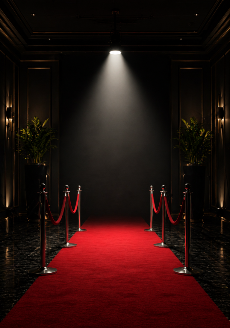 Entrée glamour avec tapis rouge et éclairage cinématographique dans un décor de luxe en Provence, ambiance éditoriale élégante pour mariage haut de gamme sur la Côte d’Azur, Sud de la France.