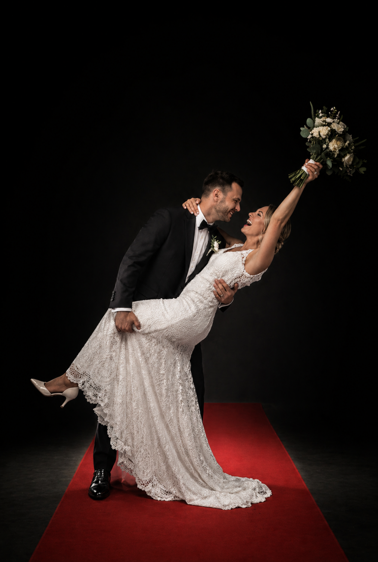 Couple de mariés glamour sur tapis rouge dans un studio photo de luxe en Provence, image signature élégante et moderne pour mariage haut de gamme sur la Côte d’Azur, Sud de la France.